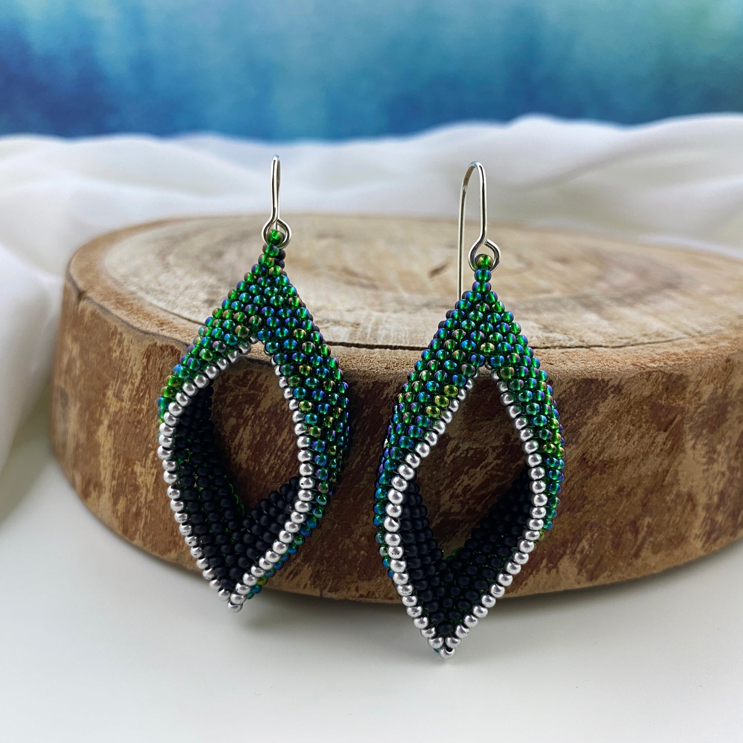 Green, Black & Silver Beaded Loop Earrings