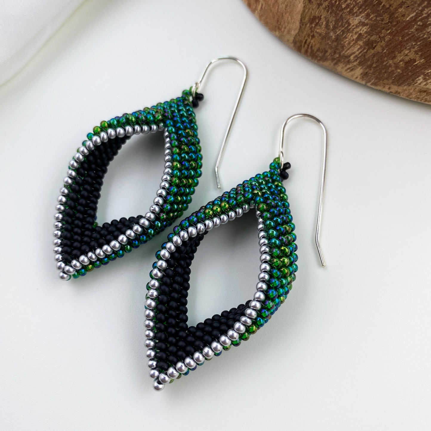 Green, Black & Silver Beaded Loop Earrings