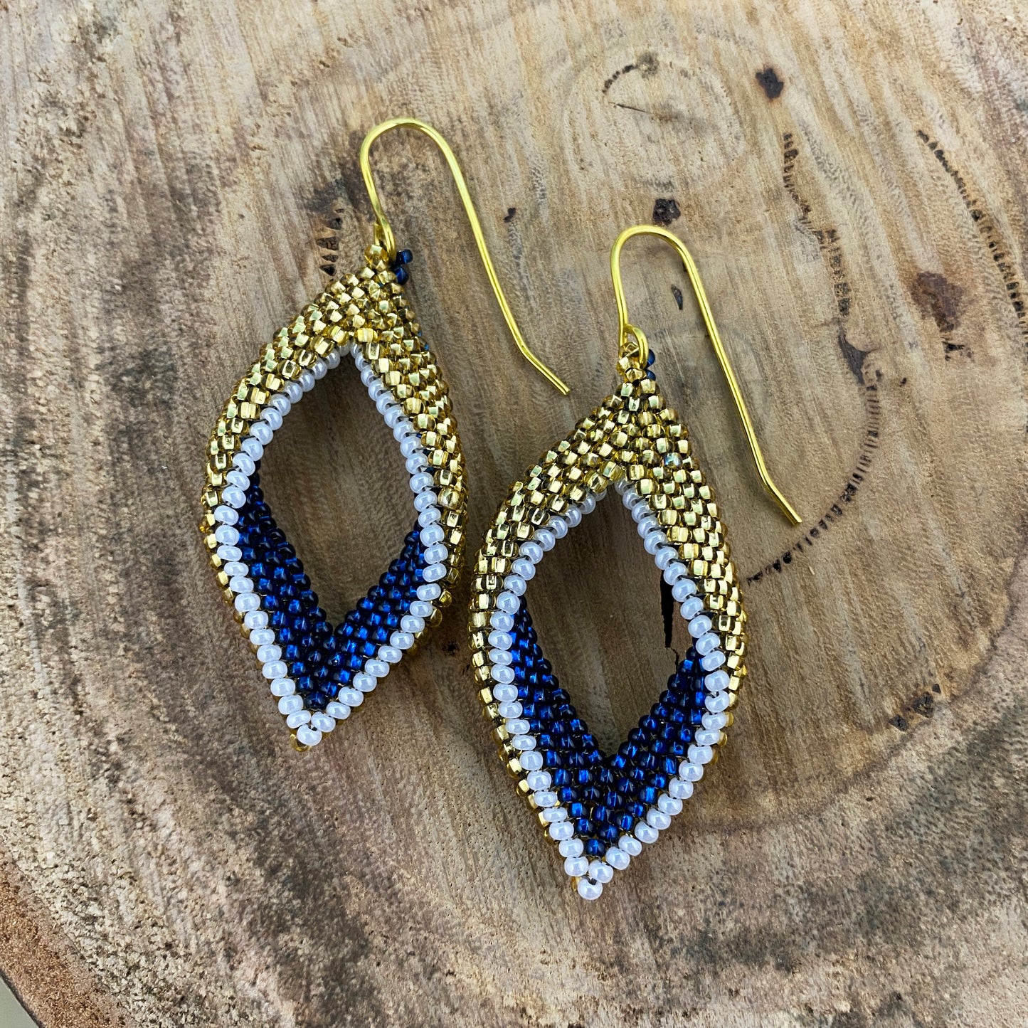 Gold, Blue & White Beaded Loop Earrings