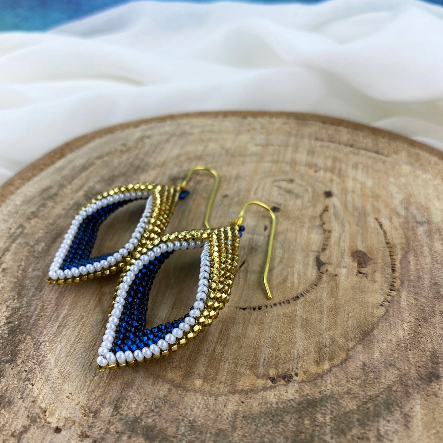 Gold, Blue & White Beaded Loop Earrings