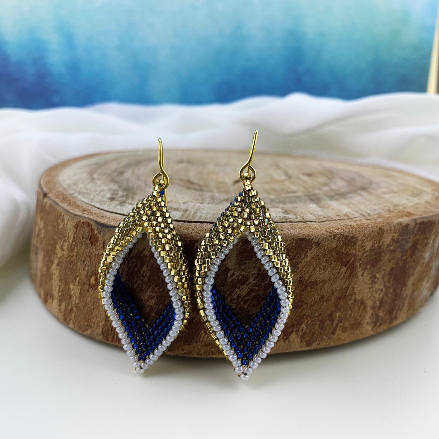 Gold, Blue & White Beaded Loop Earrings