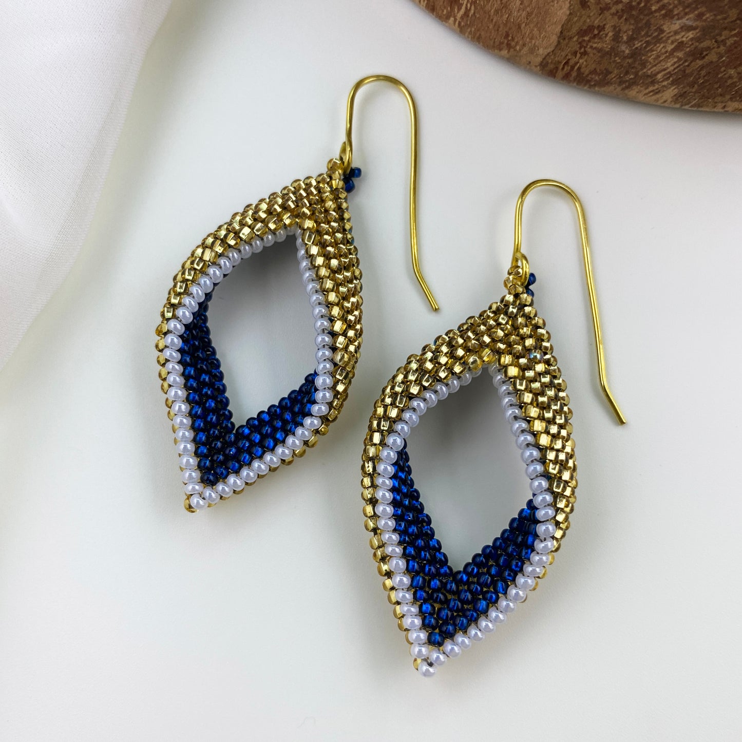 Gold, Blue & White Beaded Loop Earrings