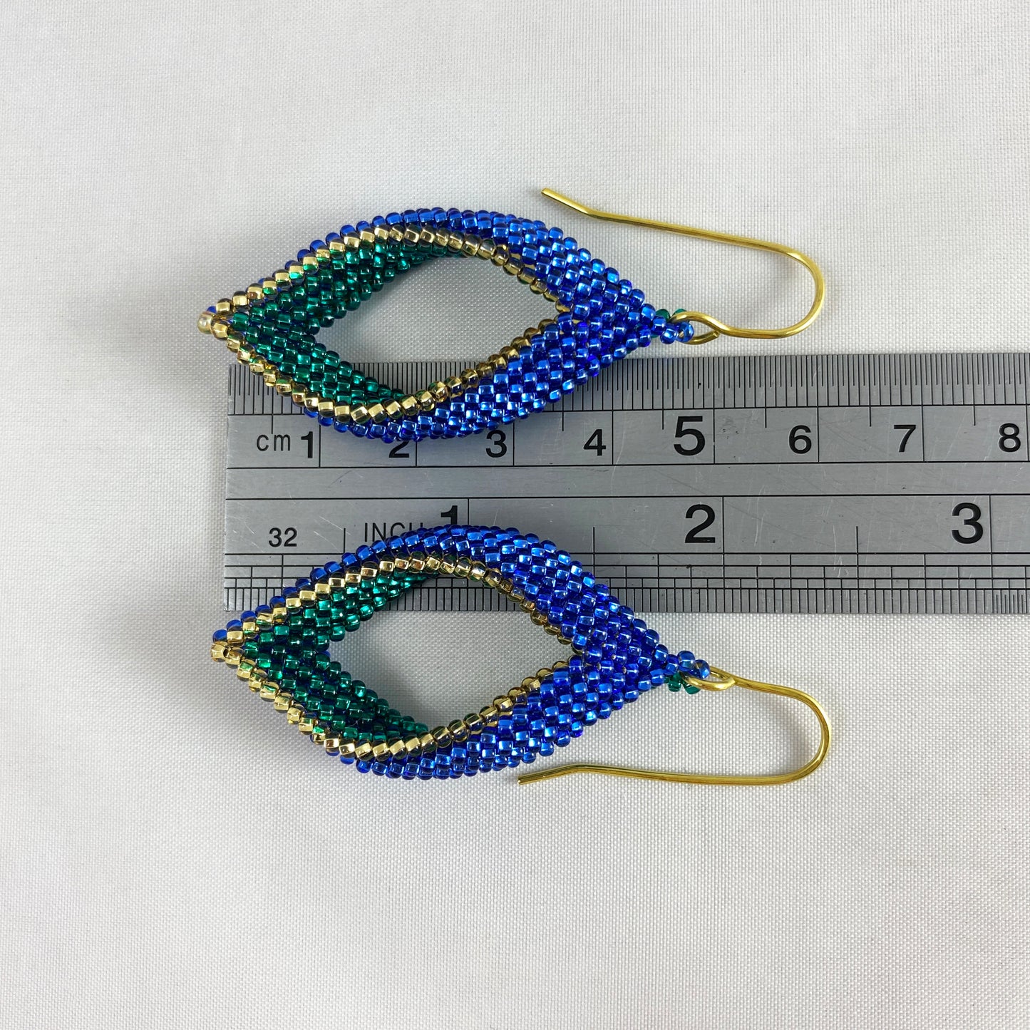 Blue, Green & Gold Beaded Loop Earrings