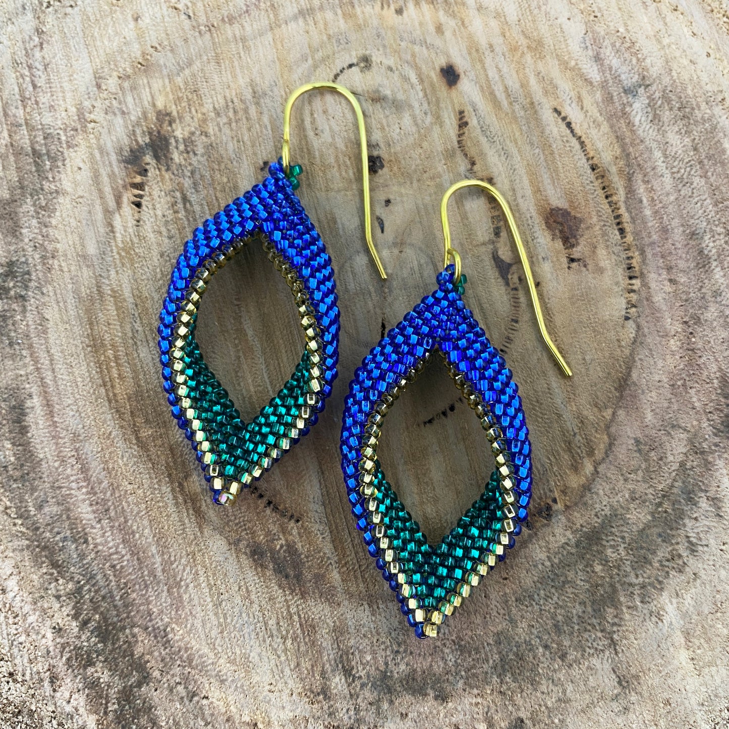 Blue, Green & Gold Beaded Loop Earrings