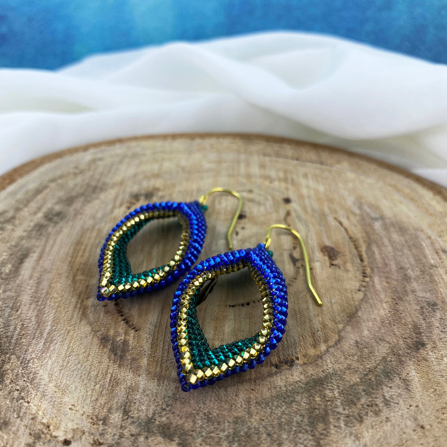 Blue, Green & Gold Beaded Loop Earrings