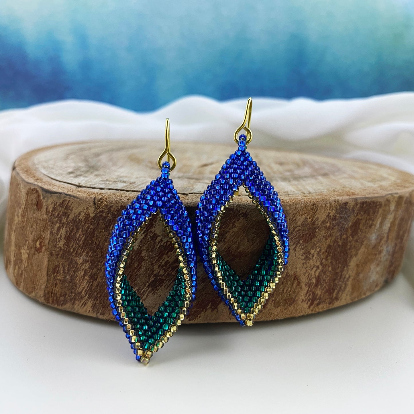 Blue, Green & Gold Beaded Loop Earrings