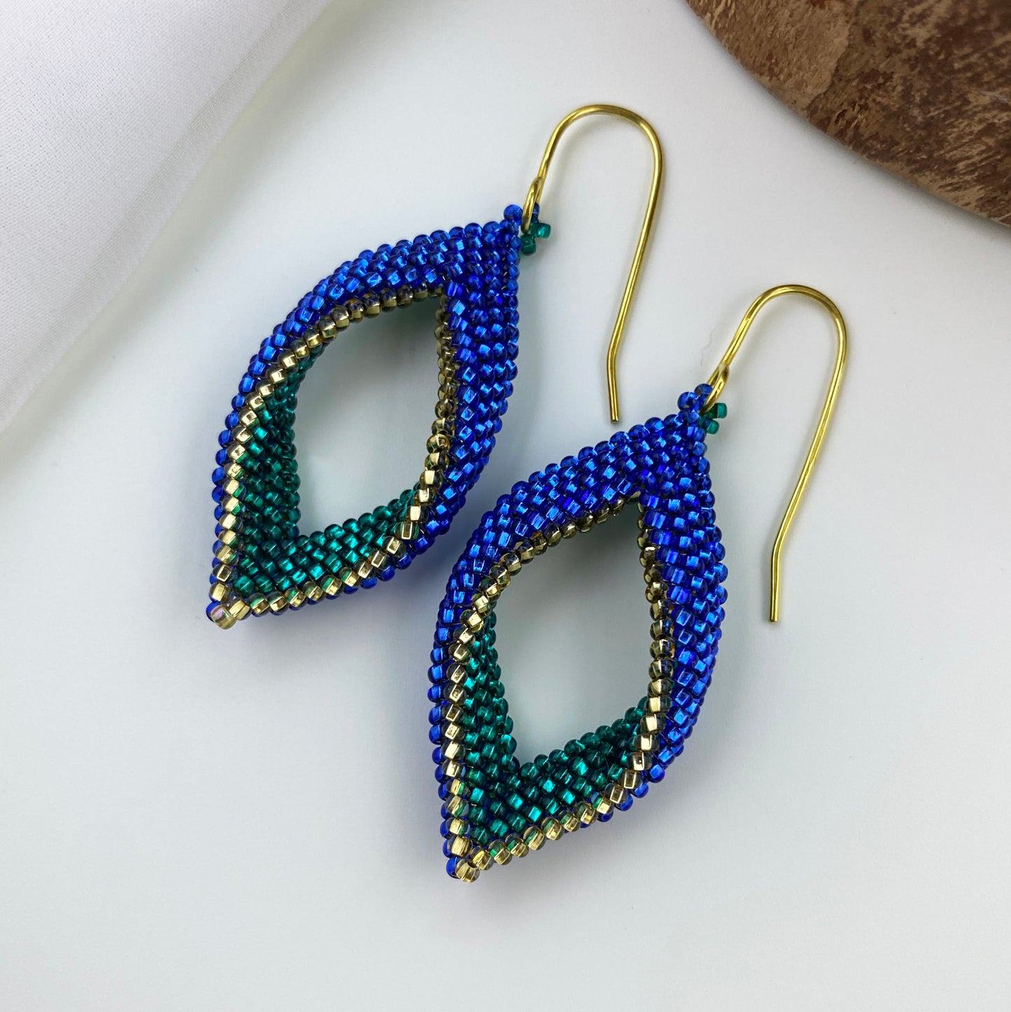 Blue, Green & Gold Beaded Loop Earrings