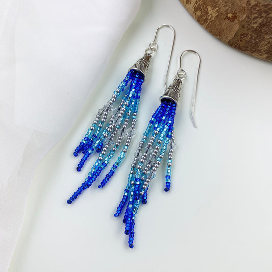 Blue and Silver Icy Fringe Earrings