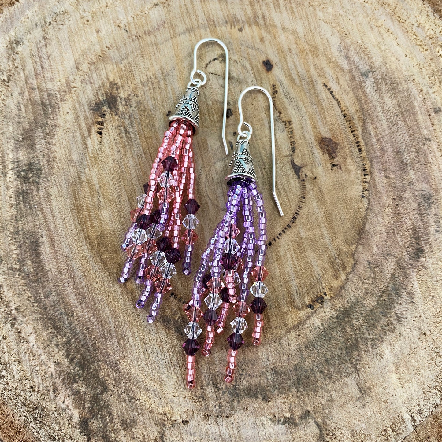 Pink and Purple Beaded Fringe Earrings