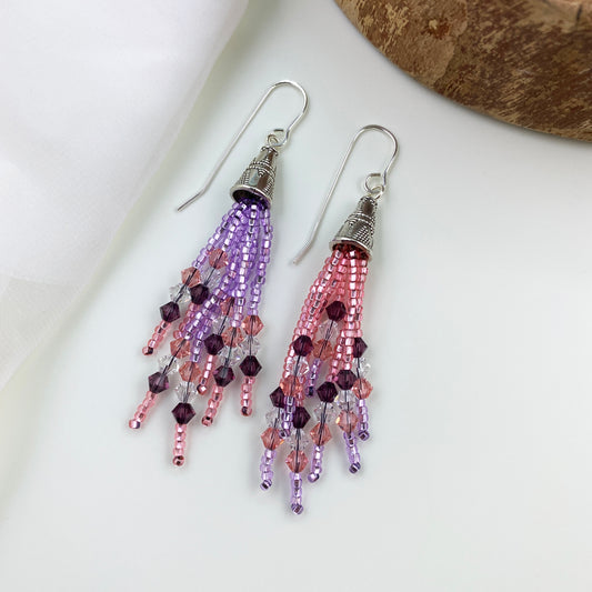 Pink and Purple Beaded Fringe Earrings