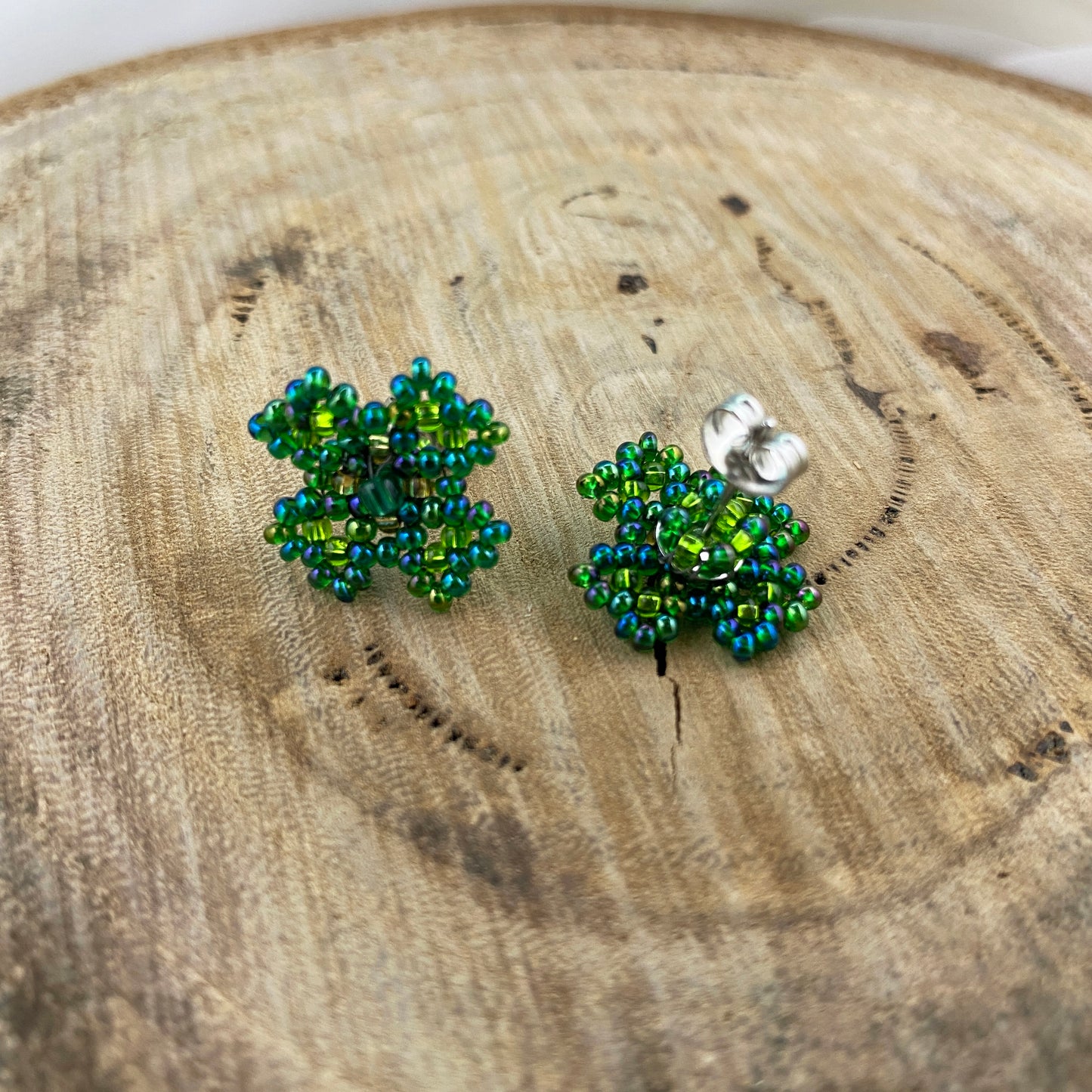 Beaded Green Clover Stud Earrings