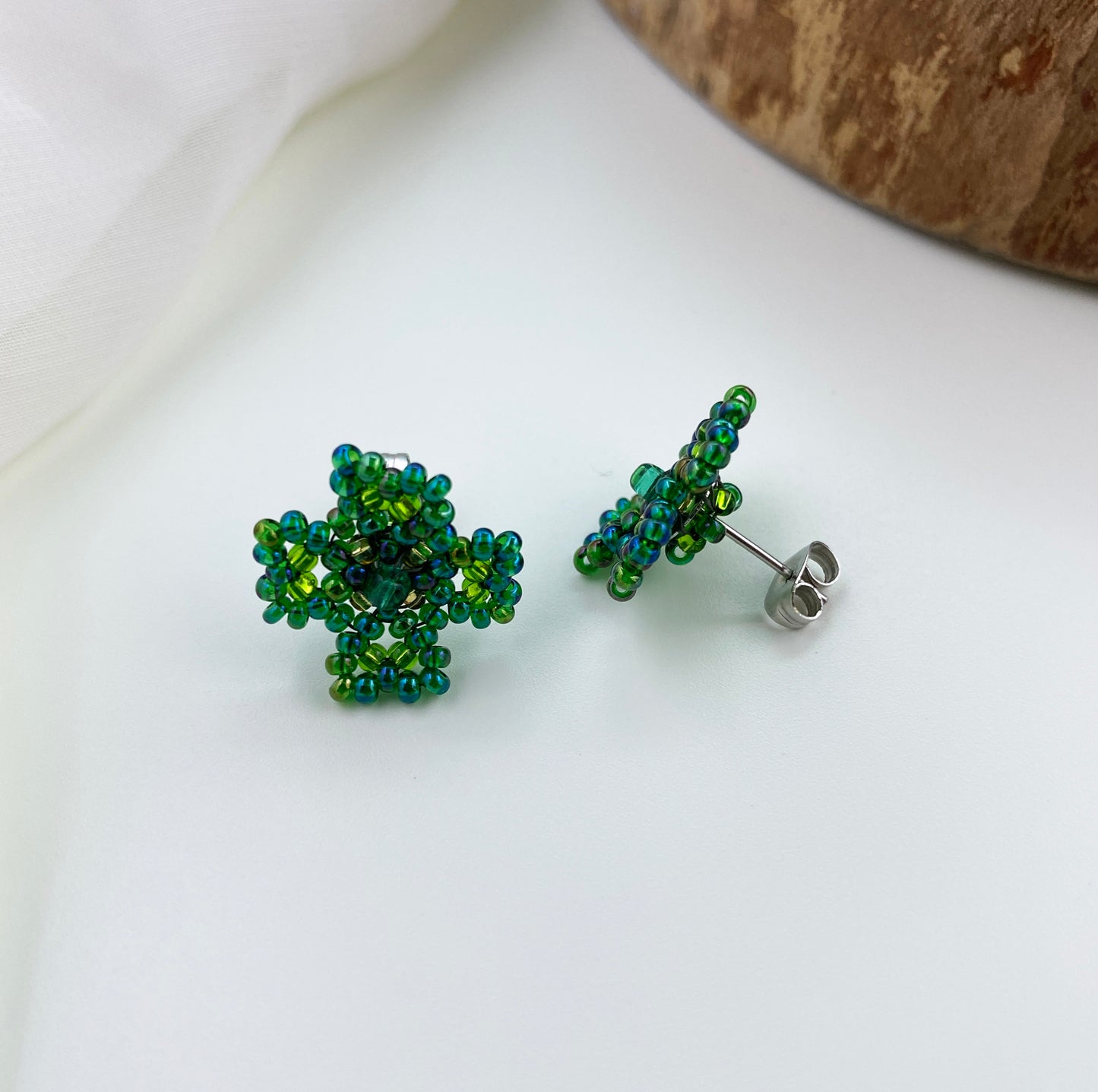 Beaded Green Clover Stud Earrings