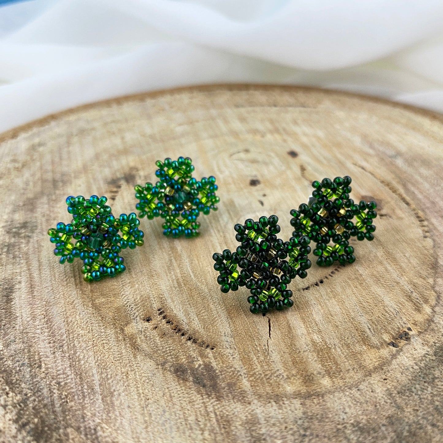 Beaded Green Clover Stud Earrings