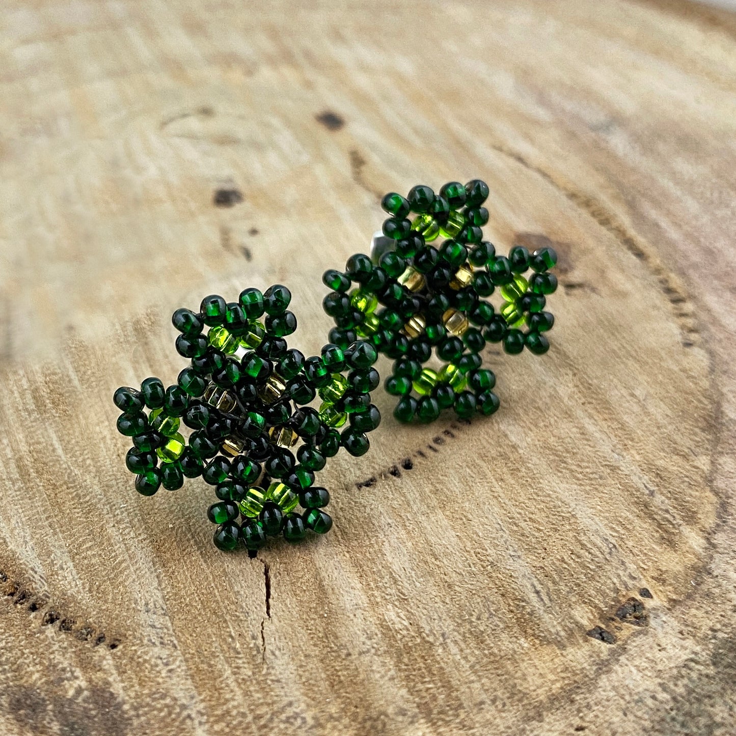 Beaded Green Clover Stud Earrings