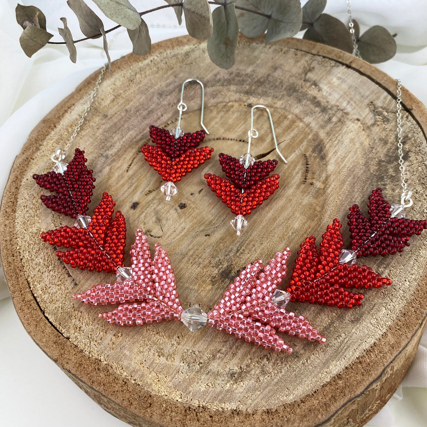 Red & Pink Beaded Chevron Necklace & Earrings Set