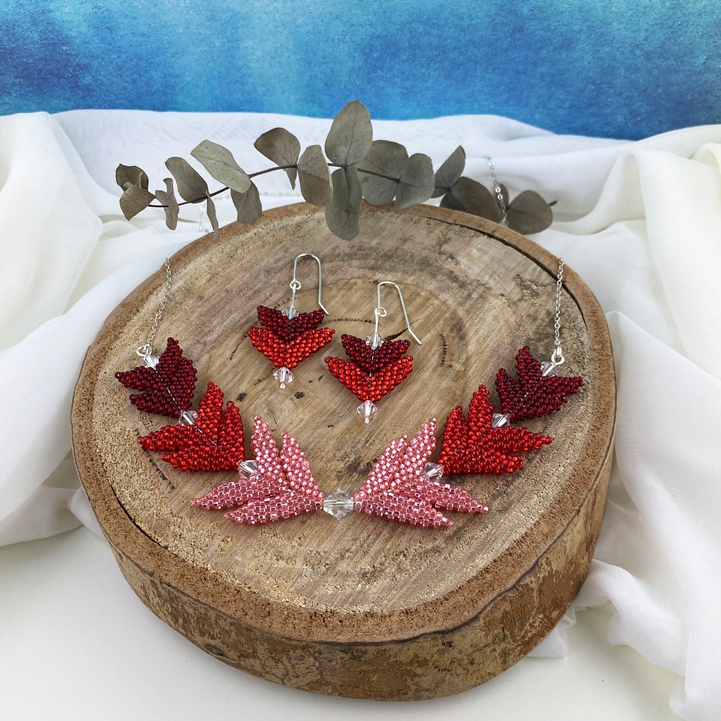 Red & Pink Beaded Chevron Necklace & Earrings Set