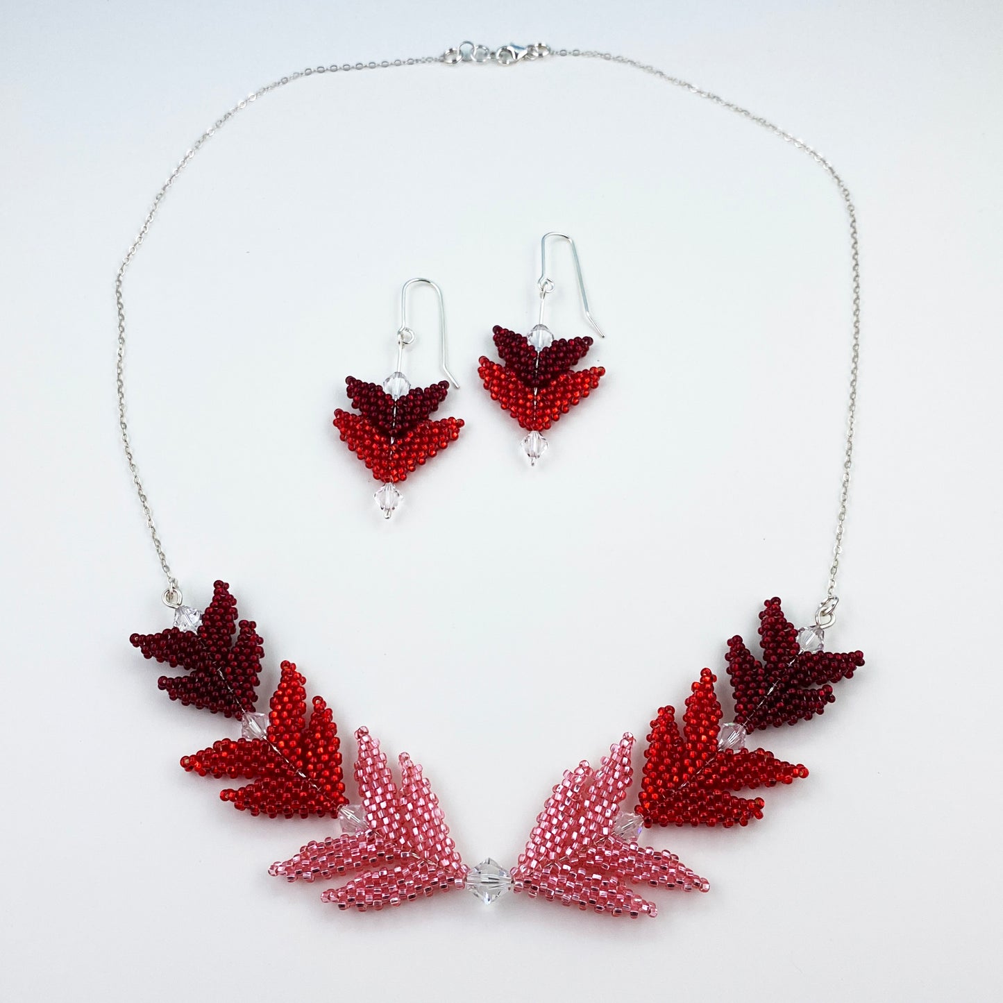 Red & Pink Beaded Chevron Necklace & Earrings Set