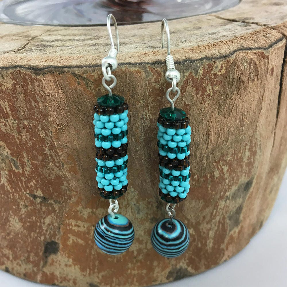 Beaded horizontal striped dangle earrings - blue metallic, turquoise, brown