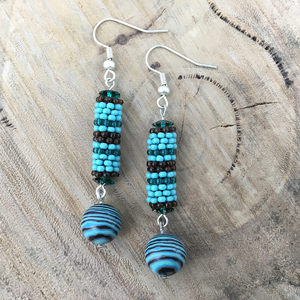 Beaded horizontal striped dangle earrings - blue metallic, turquoise, brown