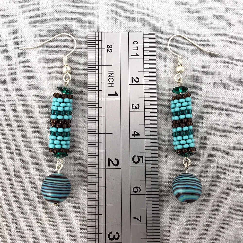 Beaded horizontal striped dangle earrings - blue metallic, turquoise, brown