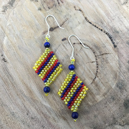 Diagonal Striped Diamond-Shaped Beaded Earrings - yellow, red and blue or brown and red