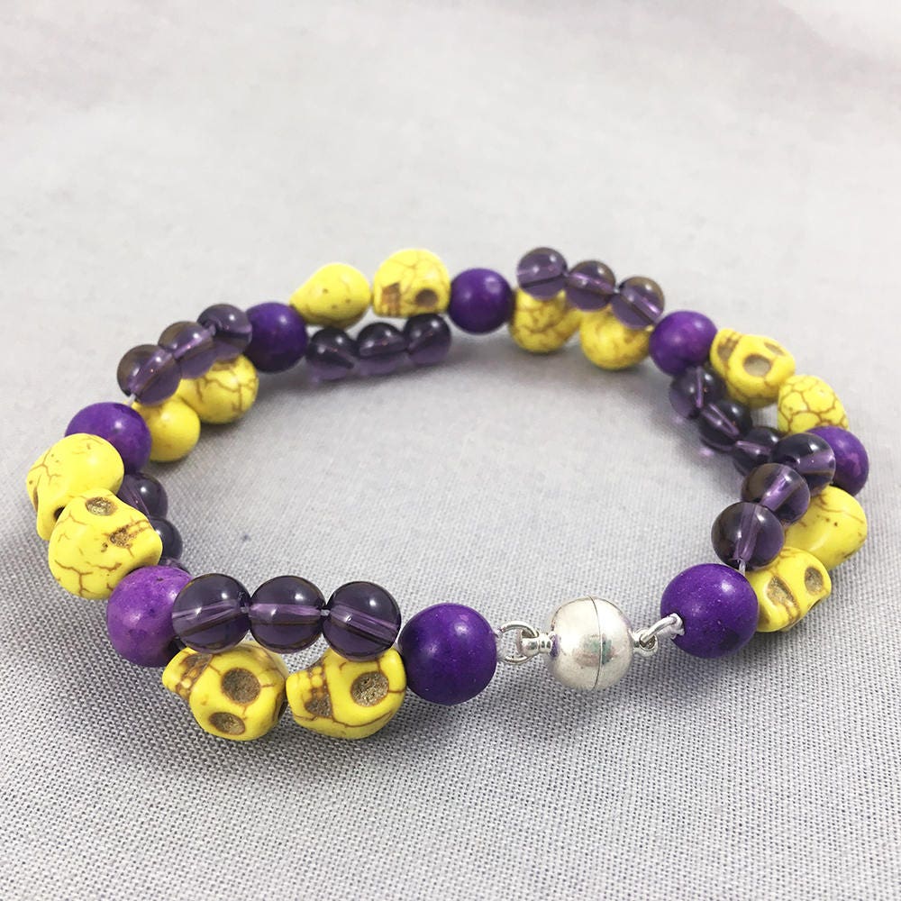 Bracelet with Yellow Skulls and Purple Beads