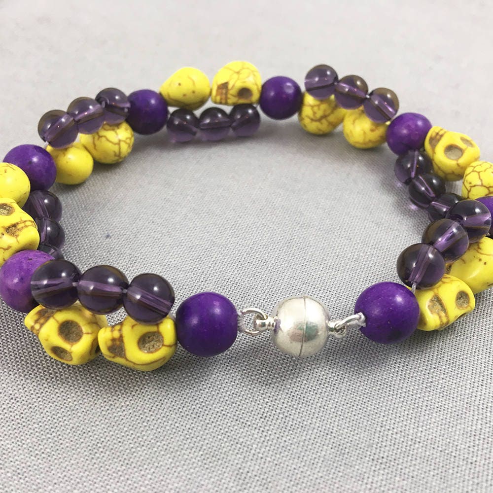 Bracelet with Yellow Skulls and Purple Beads