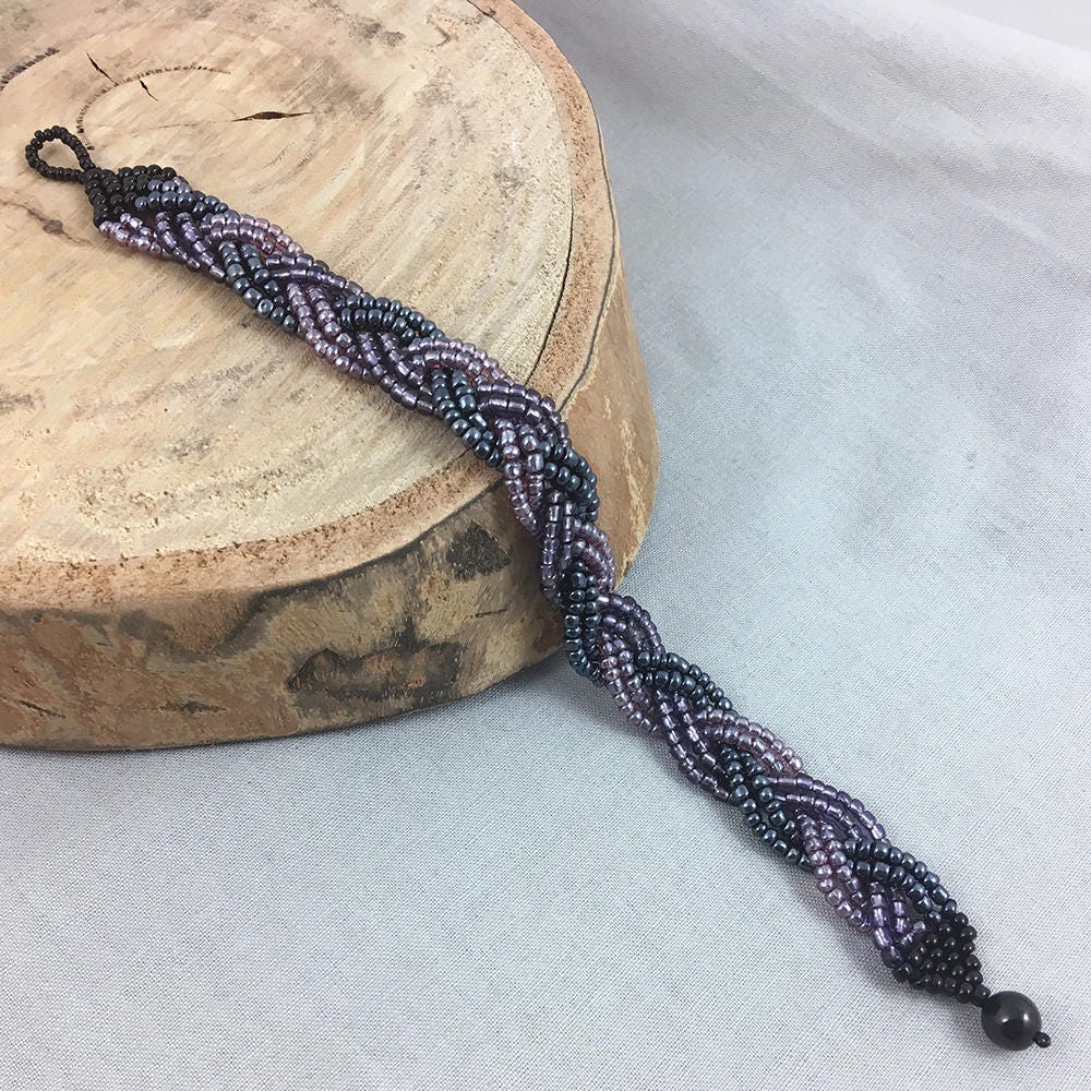 Purple, Pink and Black Braided Beaded Bracelet