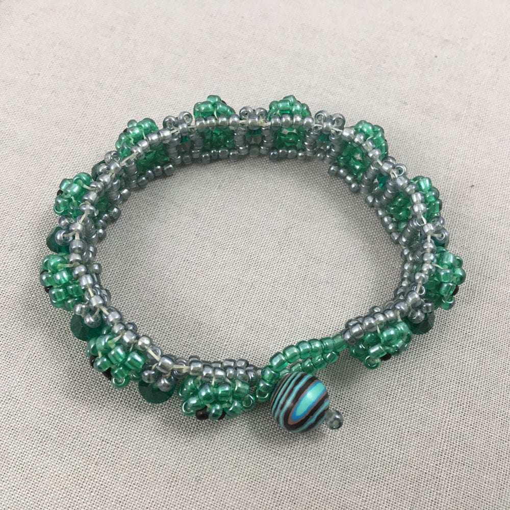 Green and Silver Chunky Beaded Bracelet with Green Crystals