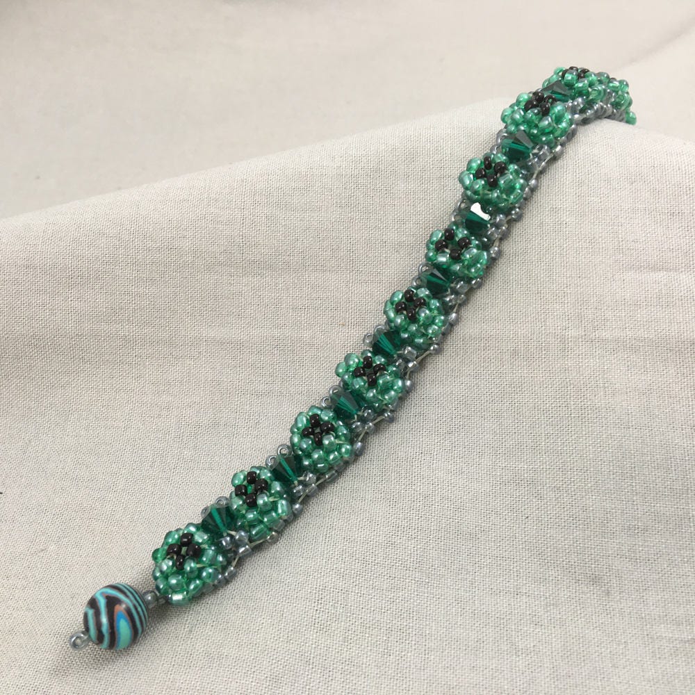 Green and Silver Chunky Beaded Bracelet with Green Crystals