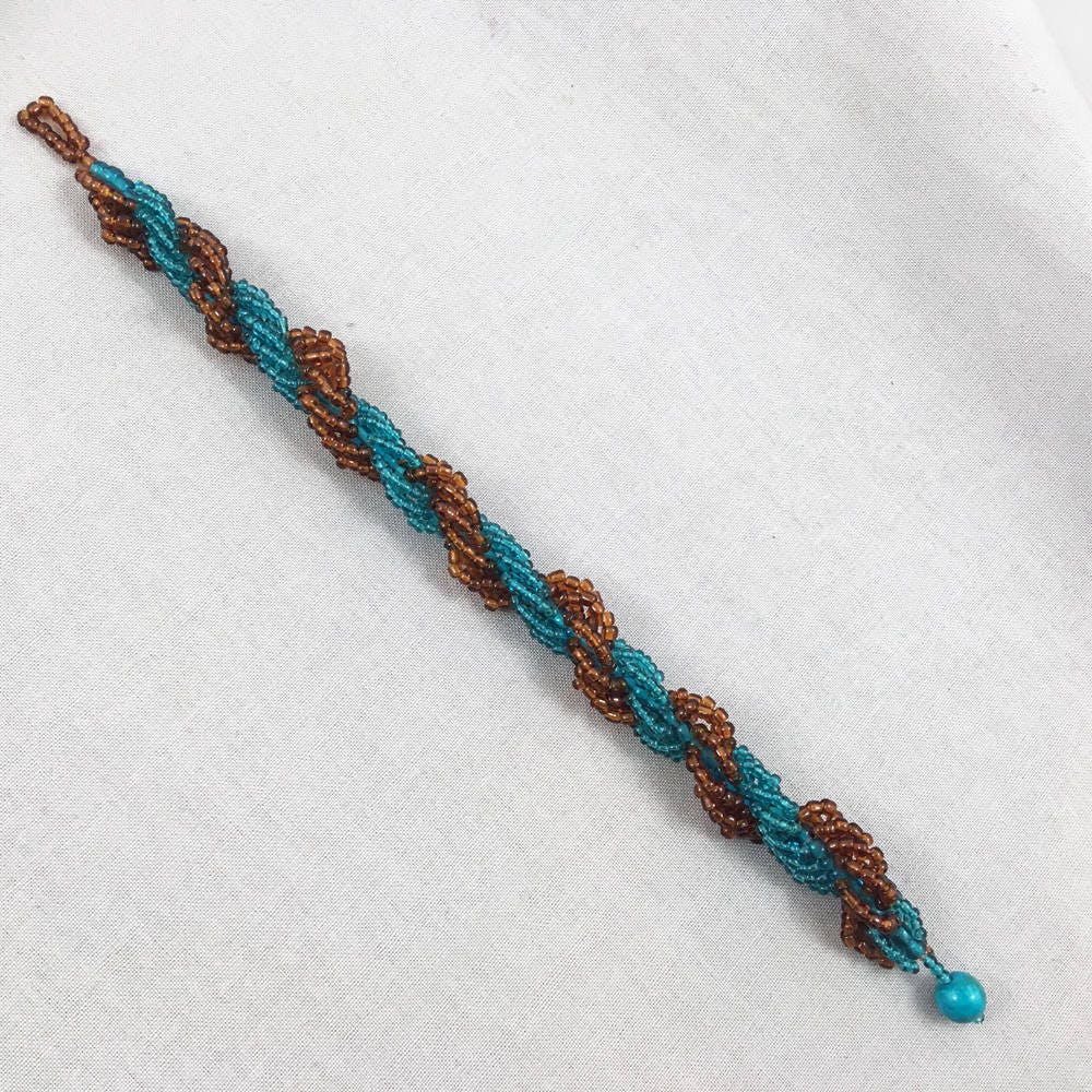 Aqua and brown spiral beaded bracelet