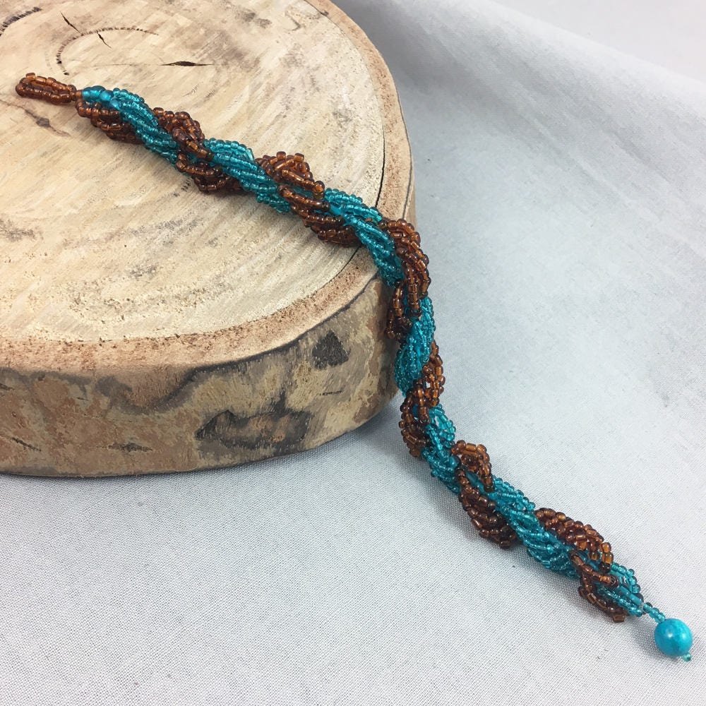 Aqua and brown spiral beaded bracelet