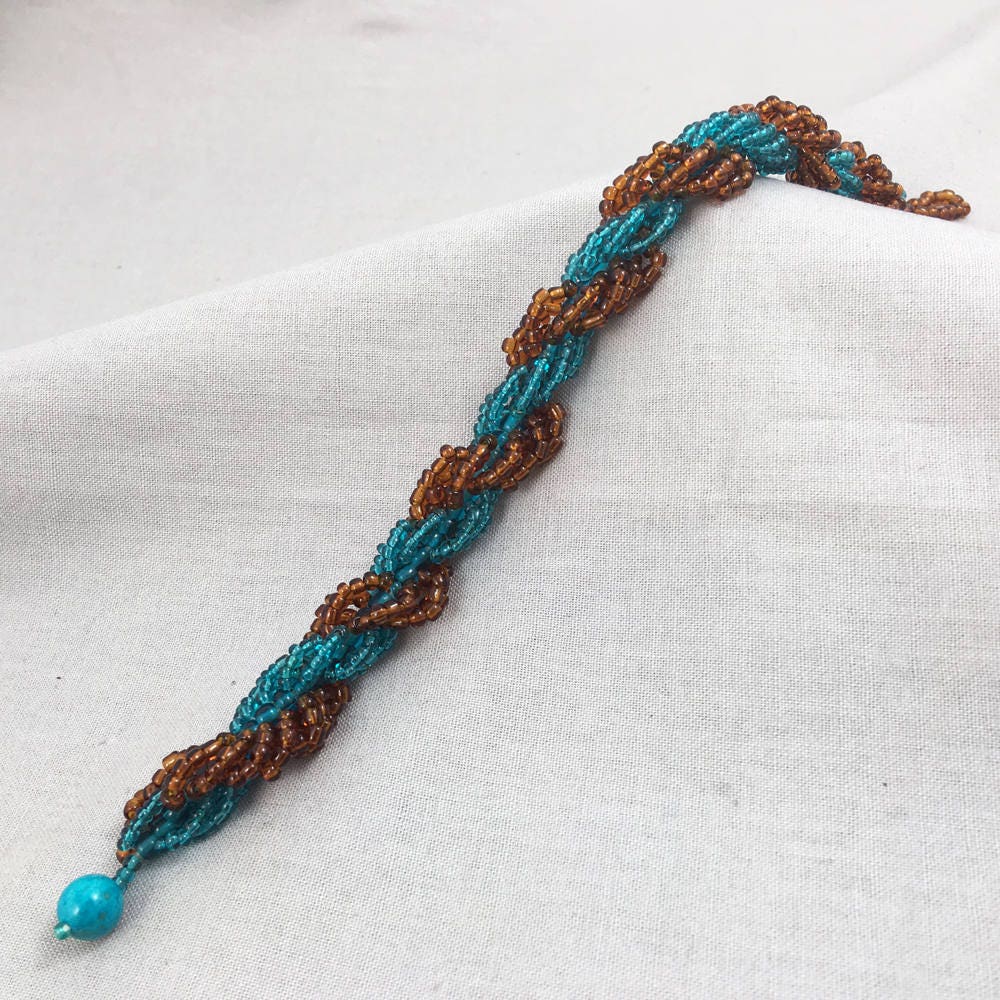 Aqua and brown spiral beaded bracelet