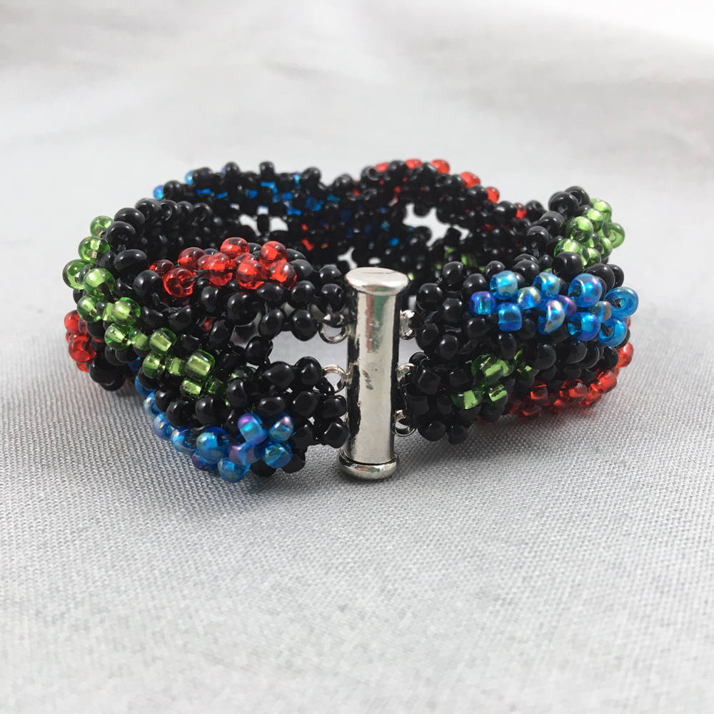 Black, Red, Green and Blue Chunky Braided Beaded Bracelet