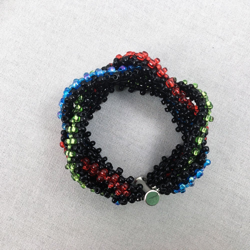 Black, Red, Green and Blue Chunky Braided Beaded Bracelet