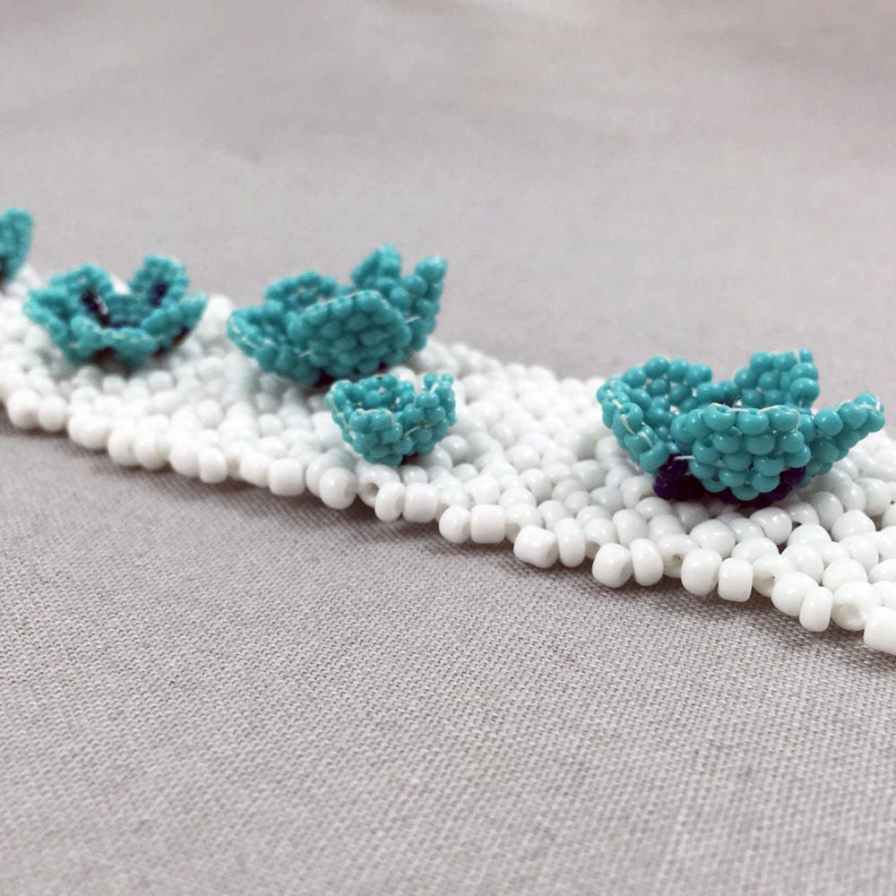 White Beaded Net Bracelet with Turquoise Beaded Flowers