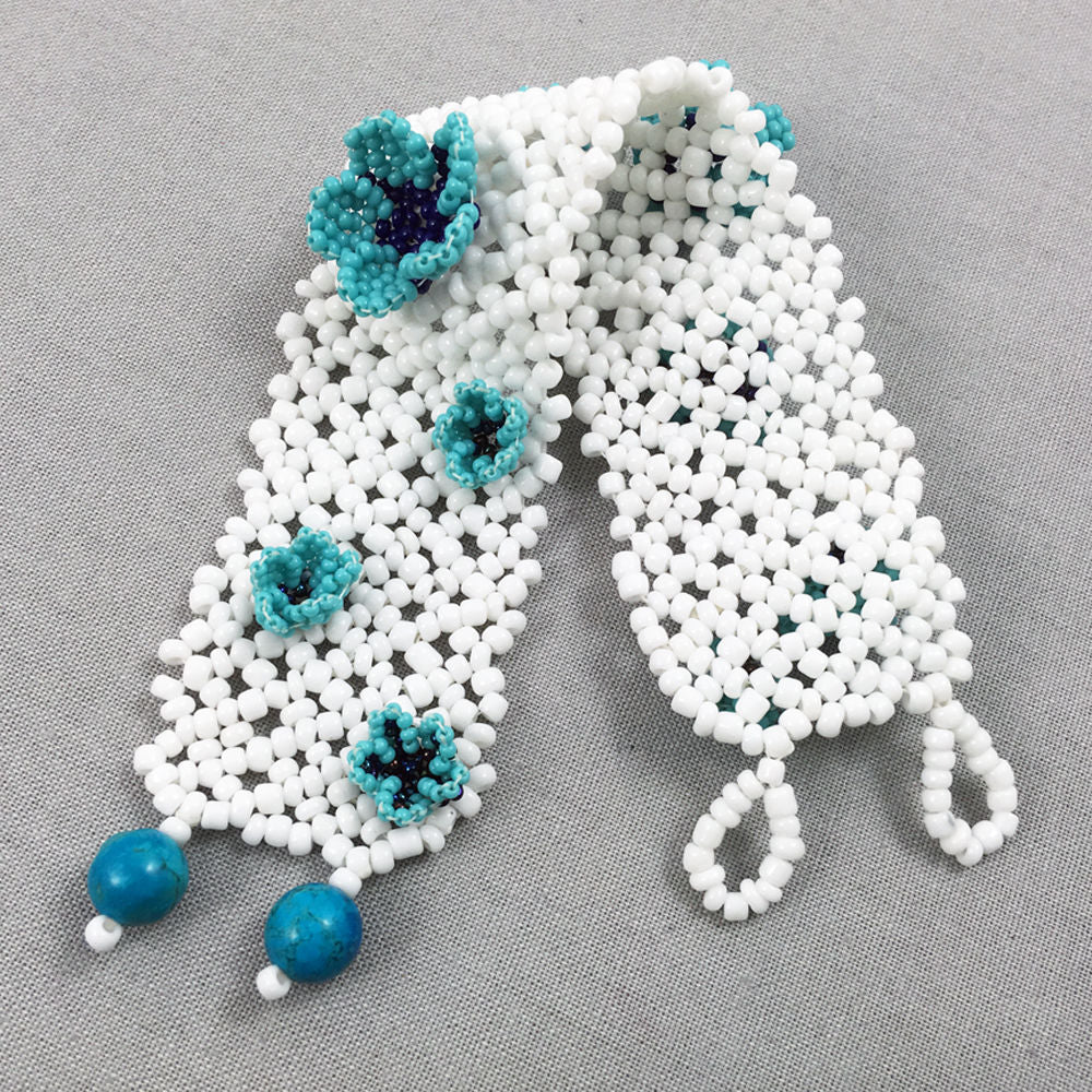 White Beaded Net Bracelet with Turquoise Beaded Flowers