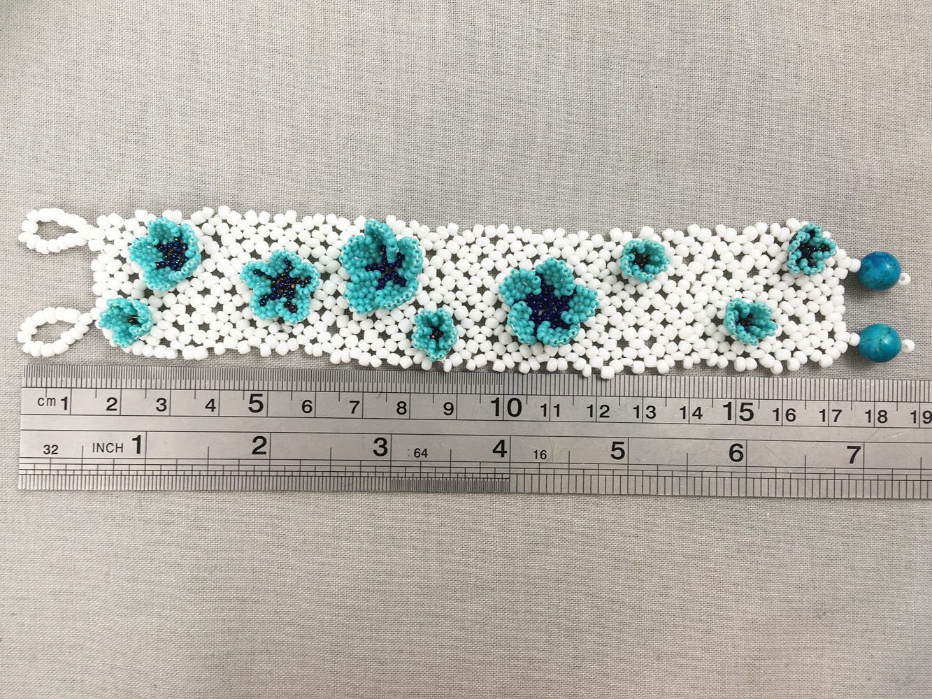 White Beaded Net Bracelet with Turquoise Beaded Flowers