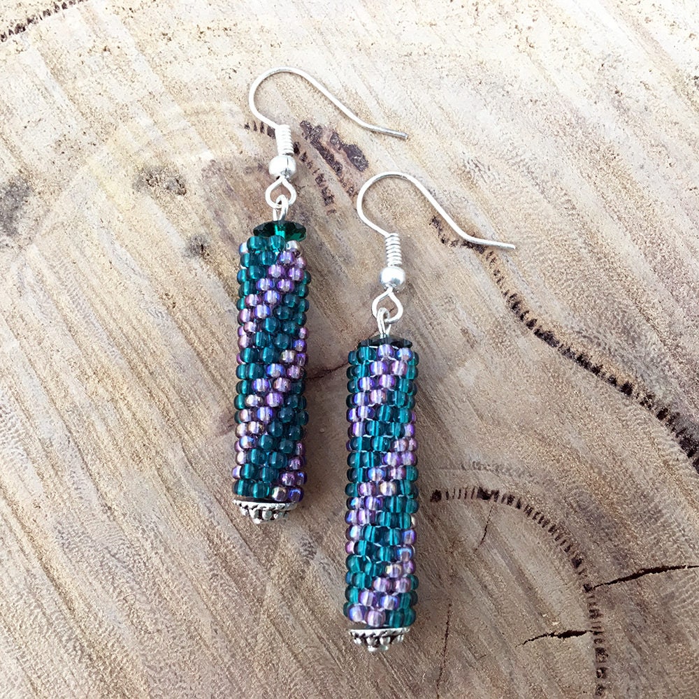 Beaded dangle earrings - diagonal stripes in green, brown, purple, black