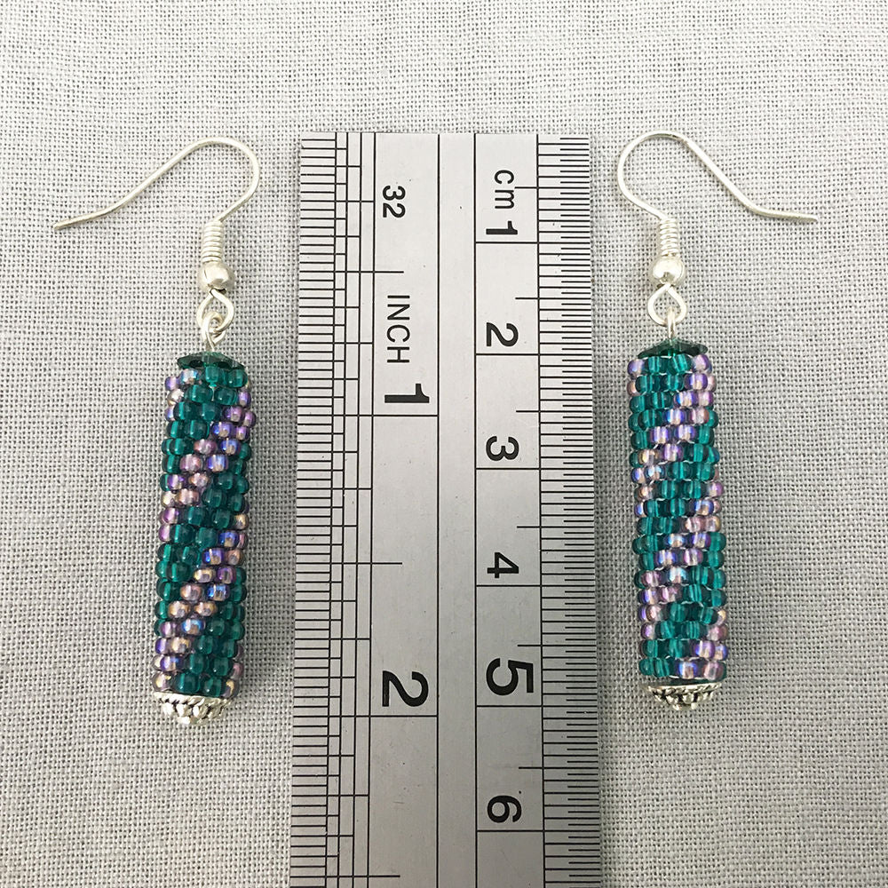 Beaded dangle earrings - diagonal stripes in green, brown, purple, black