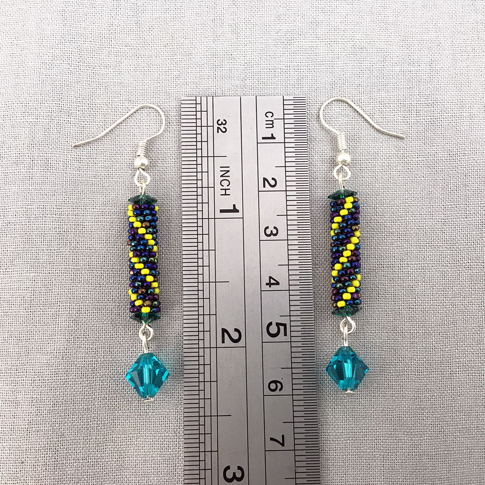 Beaded Striped Earrings - blue metallic, yellow, red, purple metallic