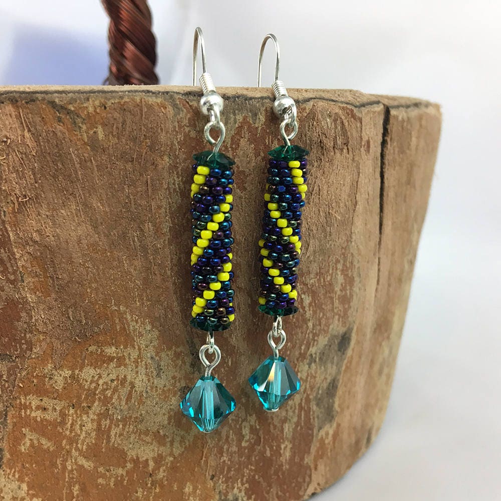 Beaded Striped Earrings - blue metallic, yellow, red, purple metallic