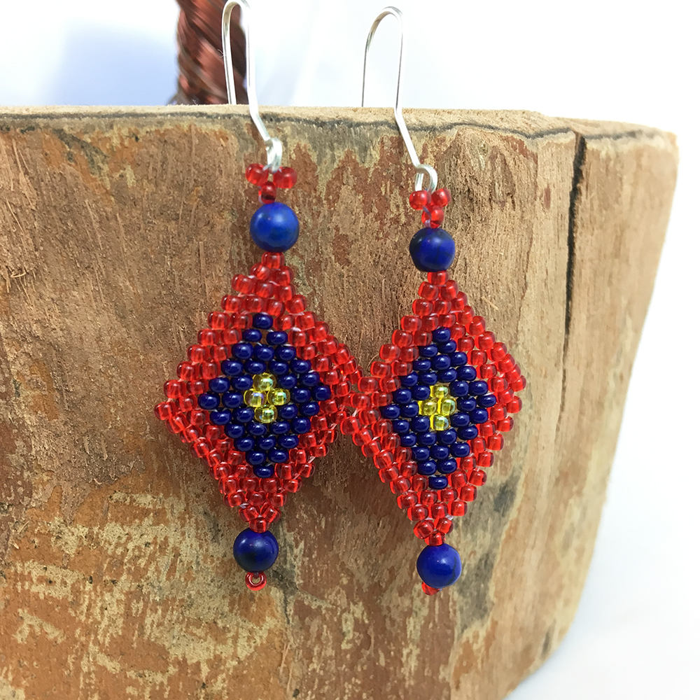 Beaded dangle earrings in red, blue and yellow