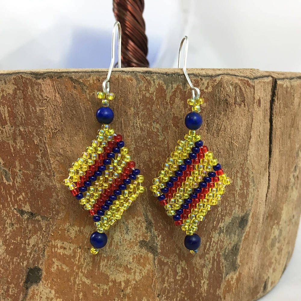 Diagonal Striped Diamond-Shaped Beaded Earrings - yellow, red and blue or brown and red