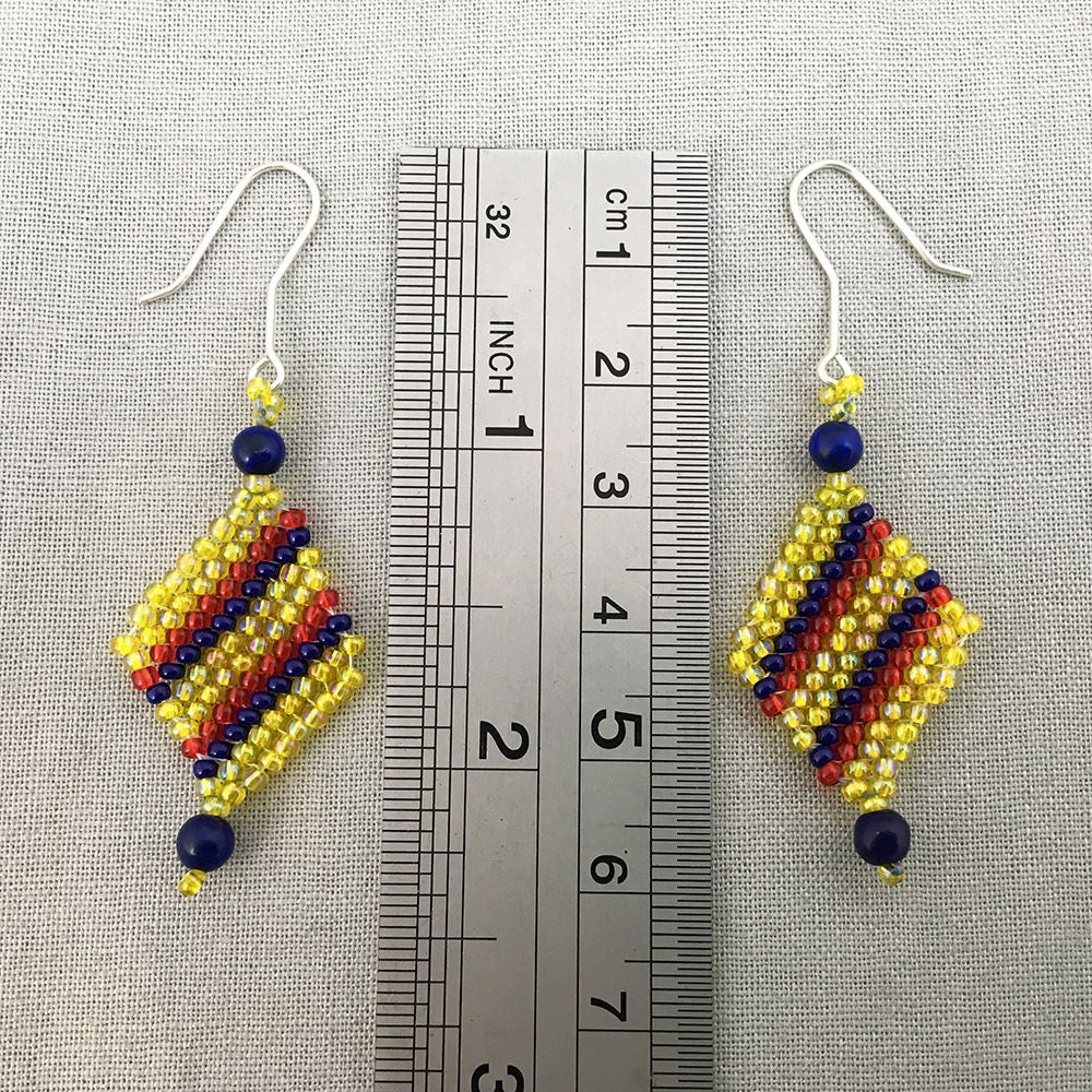 Diagonal Striped Diamond-Shaped Beaded Earrings - yellow, red and blue or brown and red