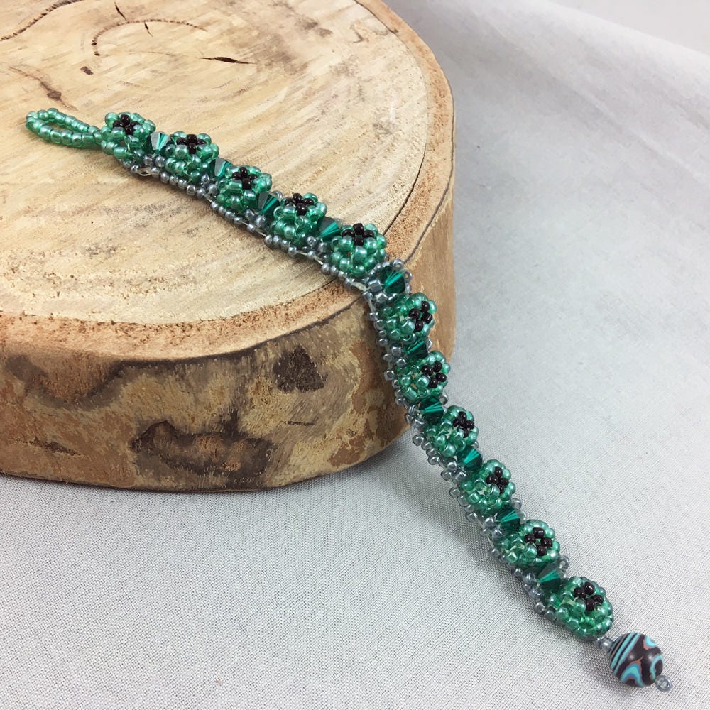 Green and Silver Chunky Beaded Bracelet with Green Crystals