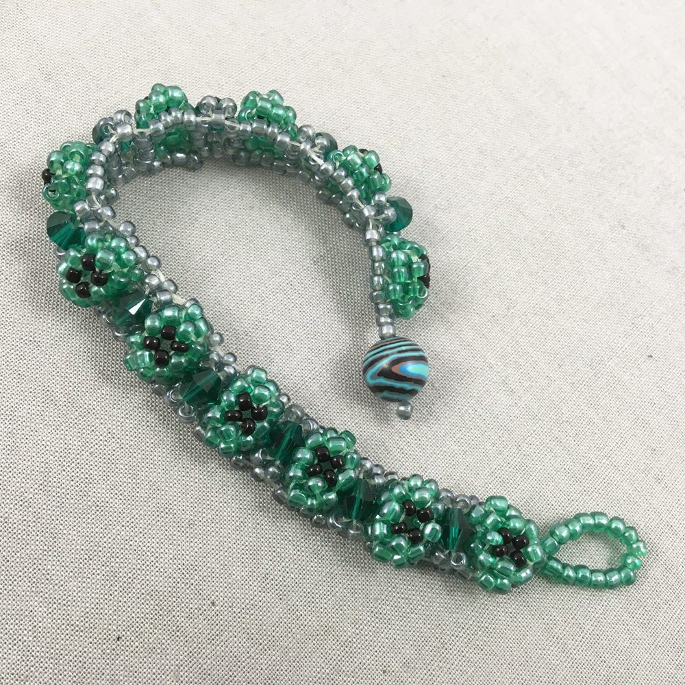 Green and Silver Chunky Beaded Bracelet with Green Crystals