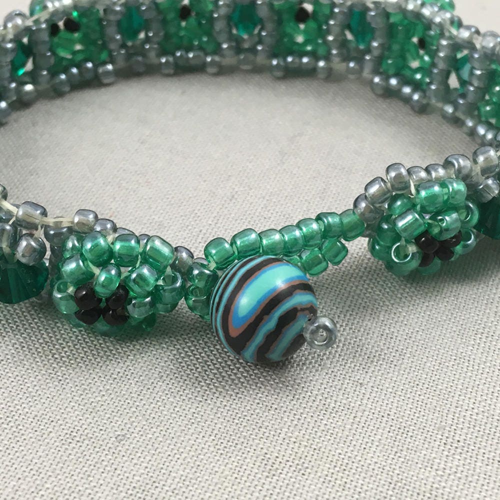 Green and Silver Chunky Beaded Bracelet with Green Crystals