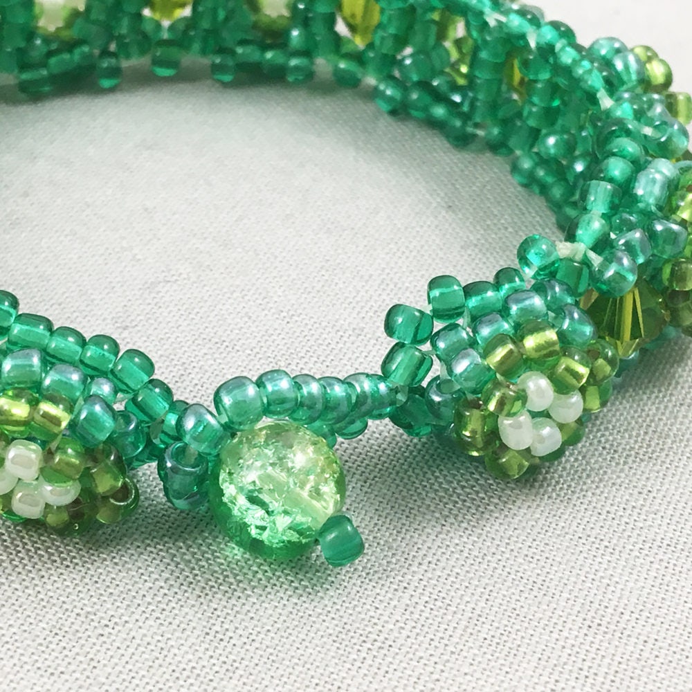 Green Chunky Beaded Bracelet with Green Crystals