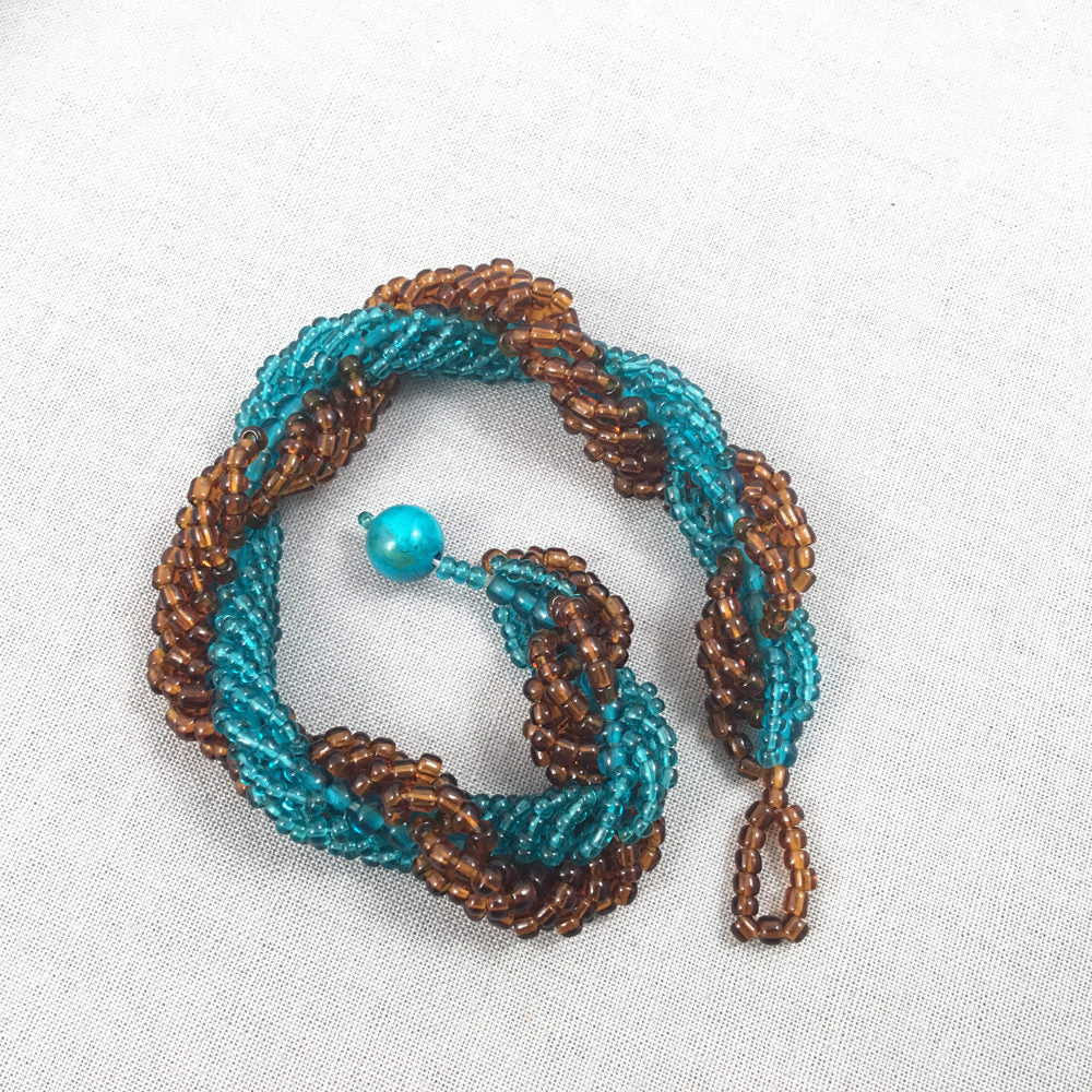 Aqua and brown spiral beaded bracelet